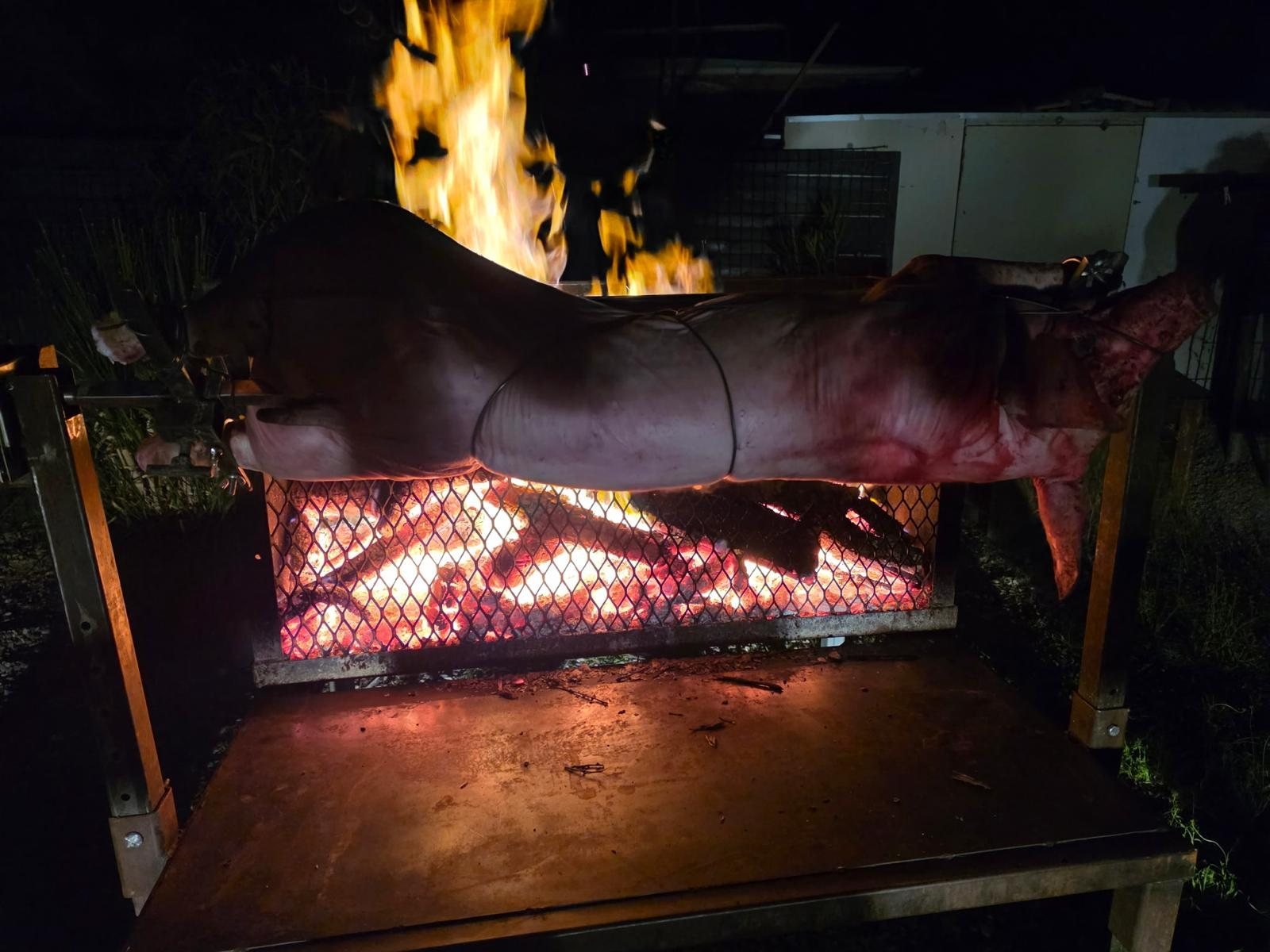 Cuisson d'un cochon à la broche au feu de bois, prestation traiteur à Alès